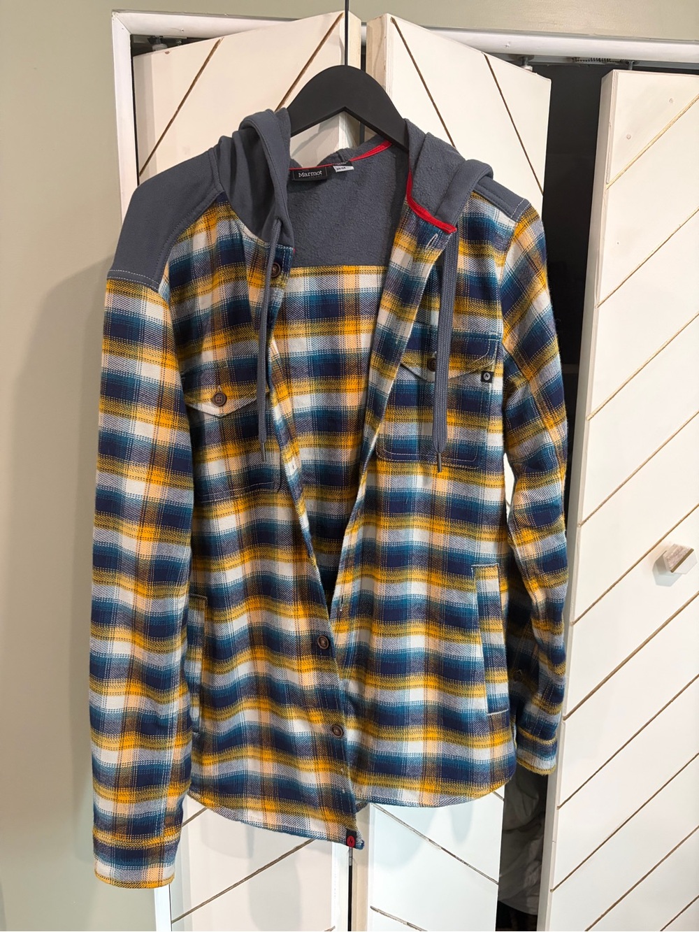Marmot Blue, Yellow & White Plaid Hooded Shirt Jacket